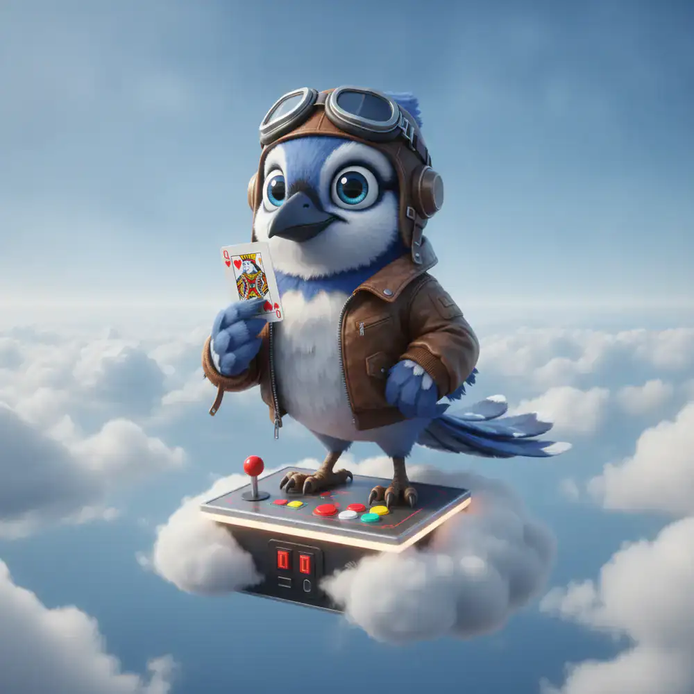 Personagem pássaro do jogo arcade a segurar uma carta num cenário de céu azul com nuvens