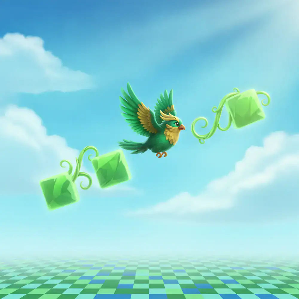 Personagem pássaro sobrevoando obstáculos verdes sob um céu azul