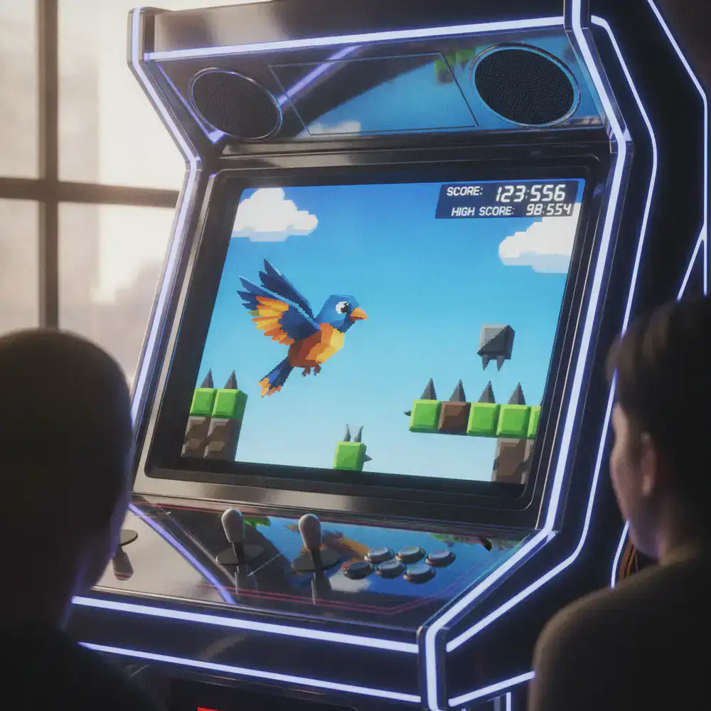 Cena vibrante do jogo arcade com pássaro, obstáculos, céu azul e placar