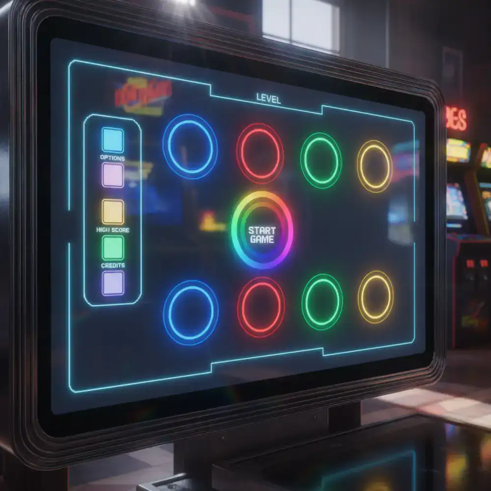 Interface do menu inicial e seleção de níveis com cores vivas estilo arcade